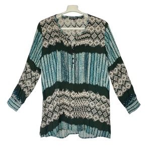 Tolani Collective Blue Black Pintuck Front Pullover Batik Tunic Top Size Small